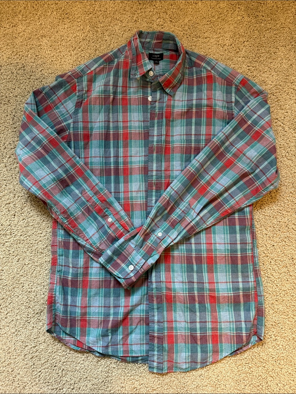 J. Crew Red and Teal Plaid Button-Down Shirt